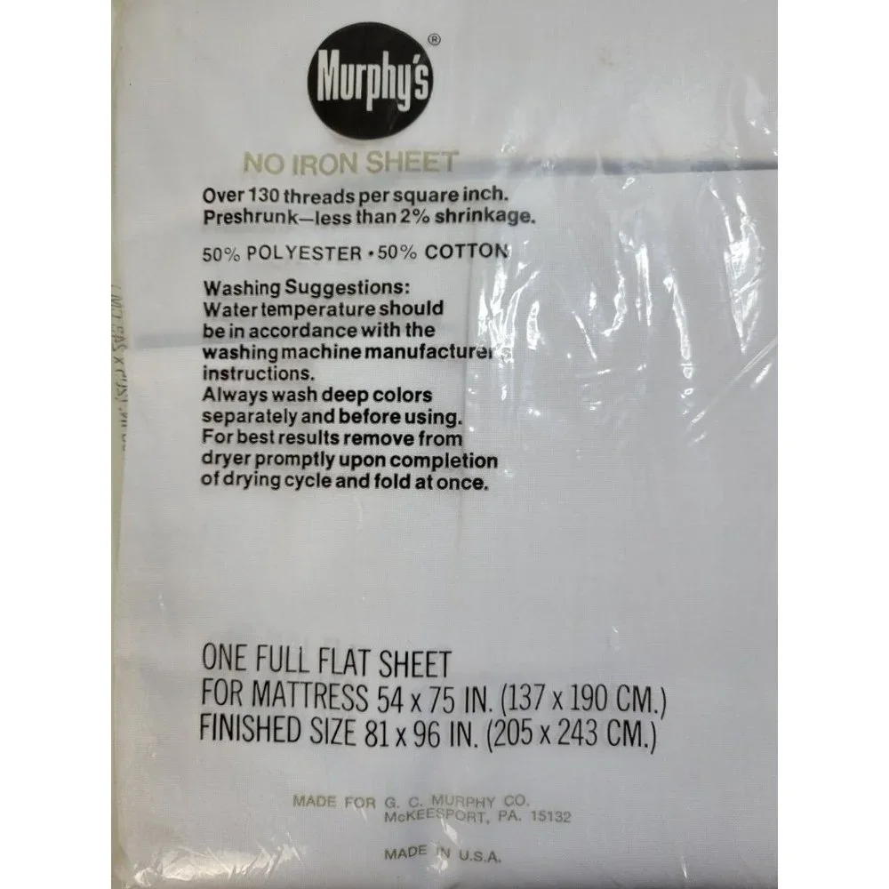 2‎ Vintage NIP Murphy's White Full Flat Sheets 50/50 Cotton Polyester